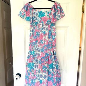 Sunday Pink and Blue Maxi Sundress with Flutter Sleeves